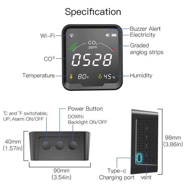 WiFi датчик детектор якості повітря СО2 3 в 1 TUYA (FCD148300) F10433 фото