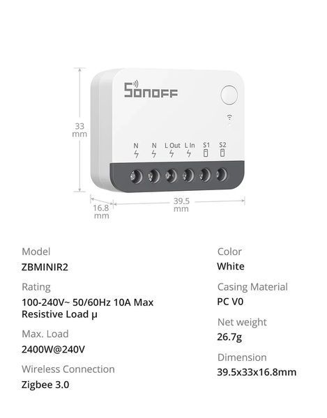 Реле Zigbee одноканальное SONOFF (ZBMINI) F10145 фото