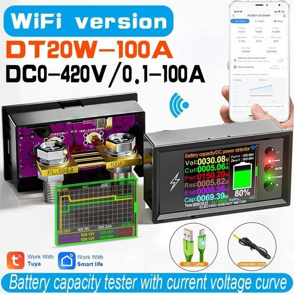 Wi-Fi тестер ємності акумулятора ATORCH CW20 0&ndash;420В 100A Tuya Smart (вольтметр, амперметр, ватметр) F10543 фото