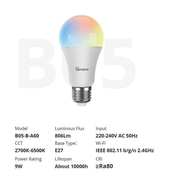 LED светодиодная лампа RGB WIFI SONOFF (B05-B-A60) F10148 фото