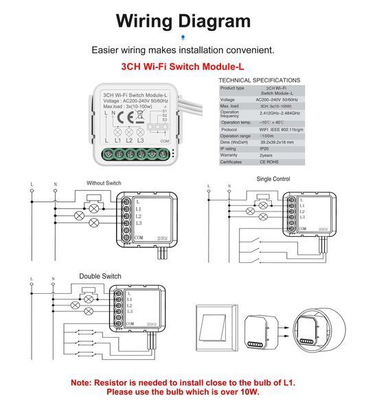 Реле WiFi трехканальное Tuya без нейтрали (WF3CH-LB) F10450 фото