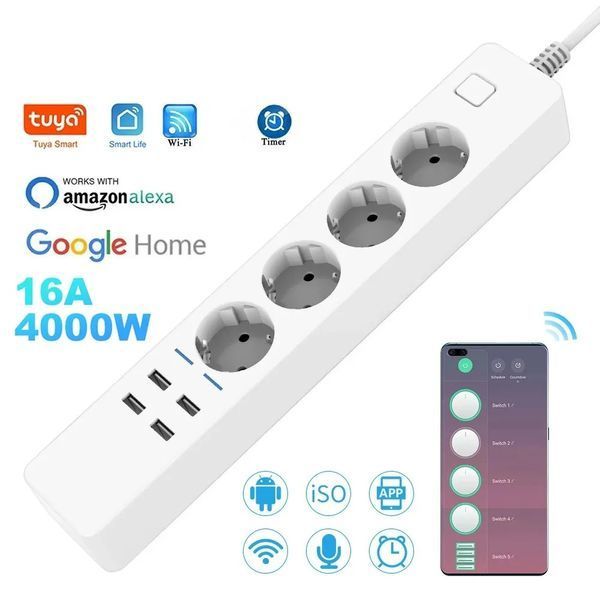 Розумний подовжувач живлення Wi-Fi TUYA на 4 розетки та 4 USB (F10355) F10355 фото