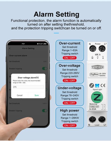 Zigbee автоматичний вимикач TUYA 1-63А з енергомоніторингом та захистом (TOB9Z-VAP VA) F10379 фото