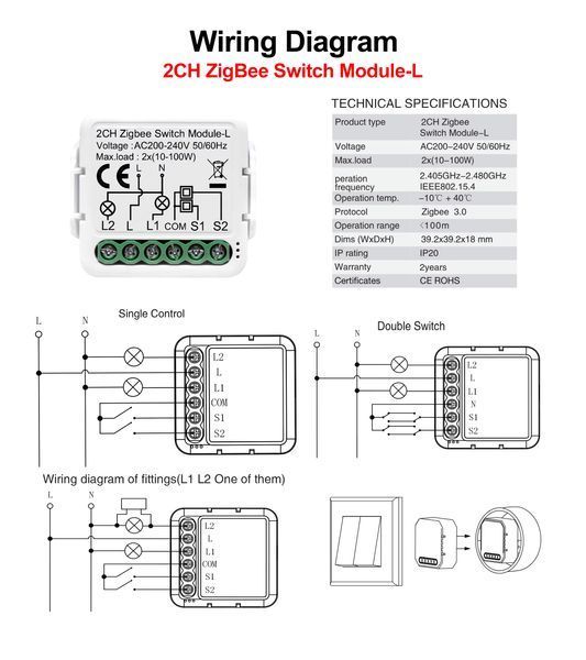 Реле ZigBee двоканальне Tuya без нейтралі (2CH-GIRIER) F10428 фото